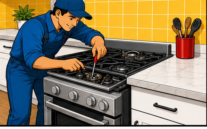Stove And Oven Repair Services Cartoon appliance repair illustration for Oven & Stove Repairs 2