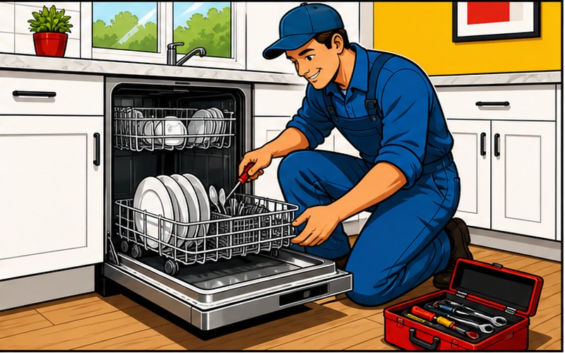 Dishwasher Repair Services Cartoon appliance repair illustration for Dishwasher Repair Sydney 2