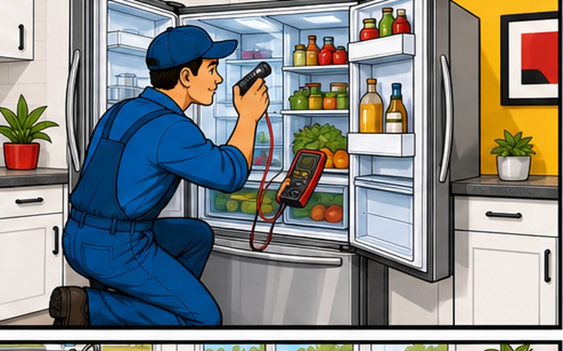 Cartoon appliance repair illustration for fridge-repairs-sydney Fridge & Freezer Repairs 1