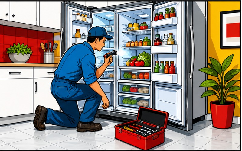 Refrigerator Repairs Cartoon appliance repair illustration for Fridge & Freezer Repairs 2