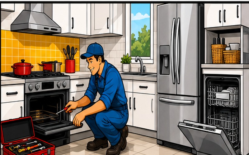 check-out-our-faq Cartoon appliance repair illustration for About Us 2