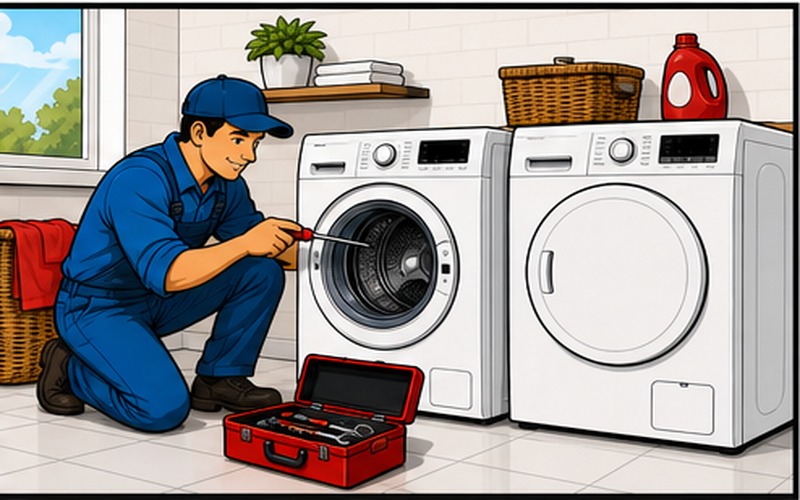 Cartoon appliance repair illustration for laundry-appliance-repair Laundry Appliance Repair 1
