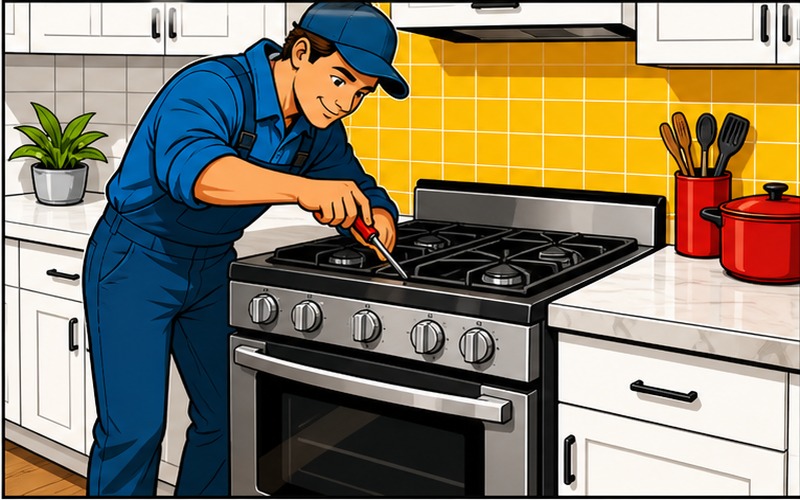 Cartoon appliance repair illustration for Oven & Stove Repairs 3