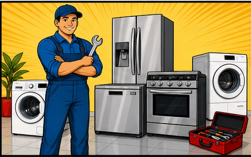 Cartoon appliance repair illustration for about-kitchen-and-laundry-repairs-sydney About Us 1