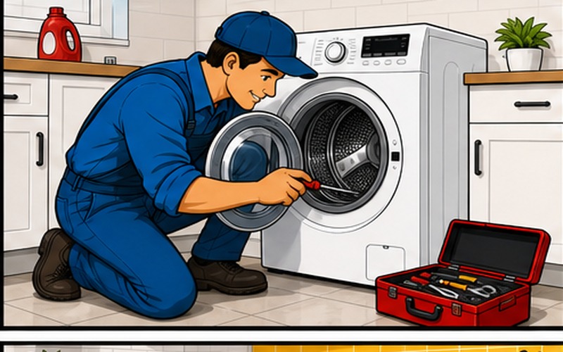 Washing Machine Repairs Cartoon appliance repair illustration for Laundry Appliance Repair 2