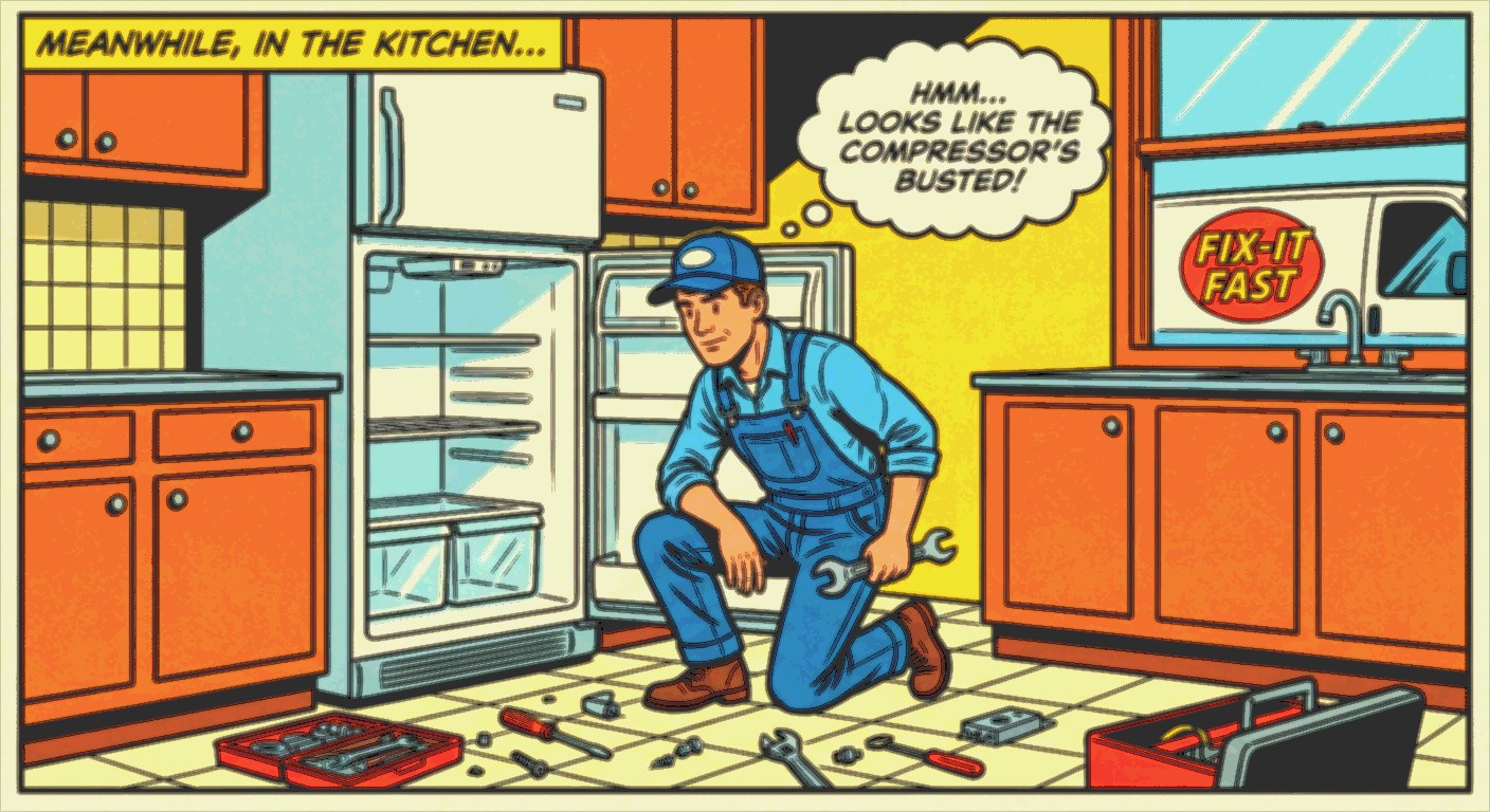 Cartoon appliance repair technician in a kitchen